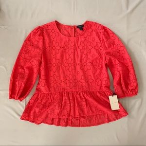 Halogen Red Eyelet Peplum Top Size Medium NWT